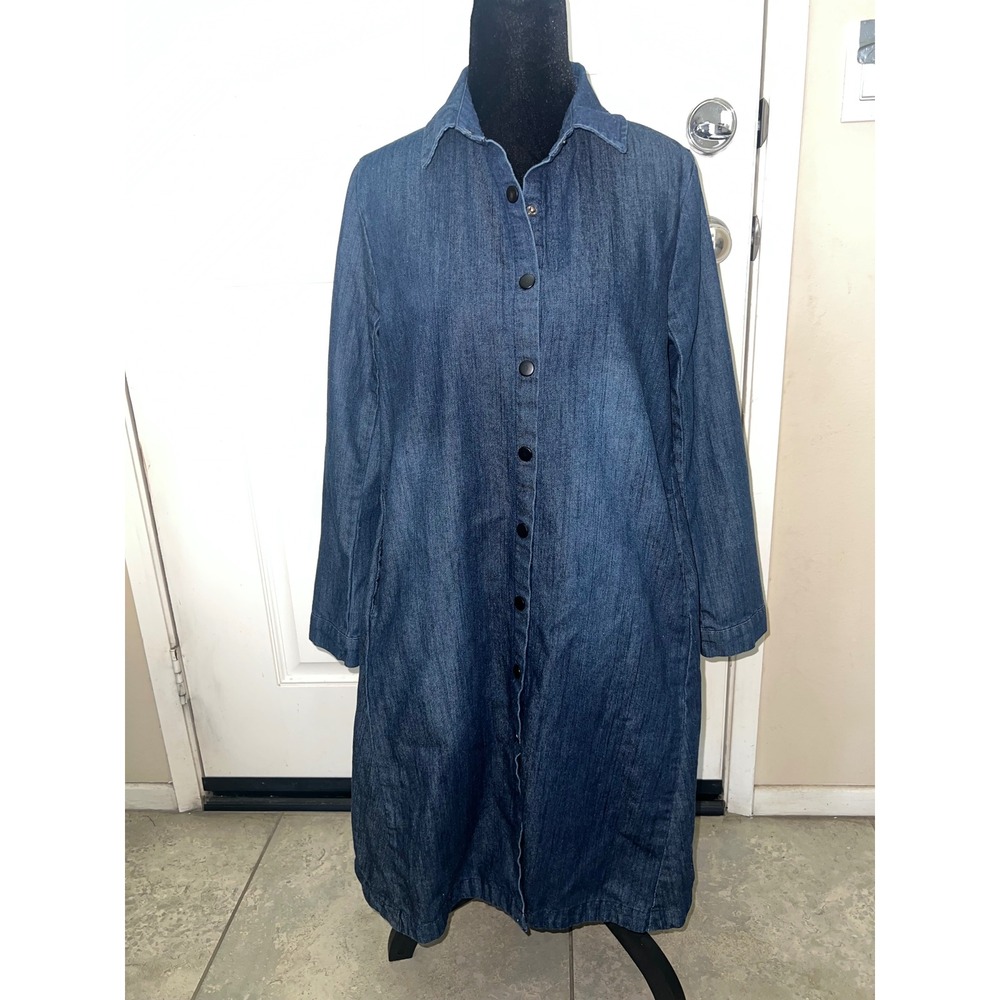 Westerncore Cowgirl Blue Denim Button Down Long Sleeve Midi Shirt Dress Sz M